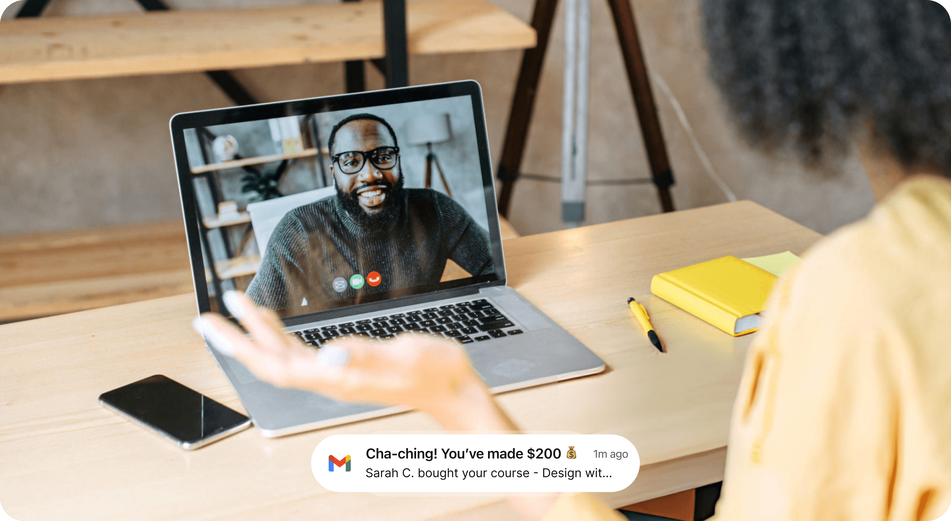 A creator teaching on a video call - “Cha-ching! You've made $200” as a student buys the course