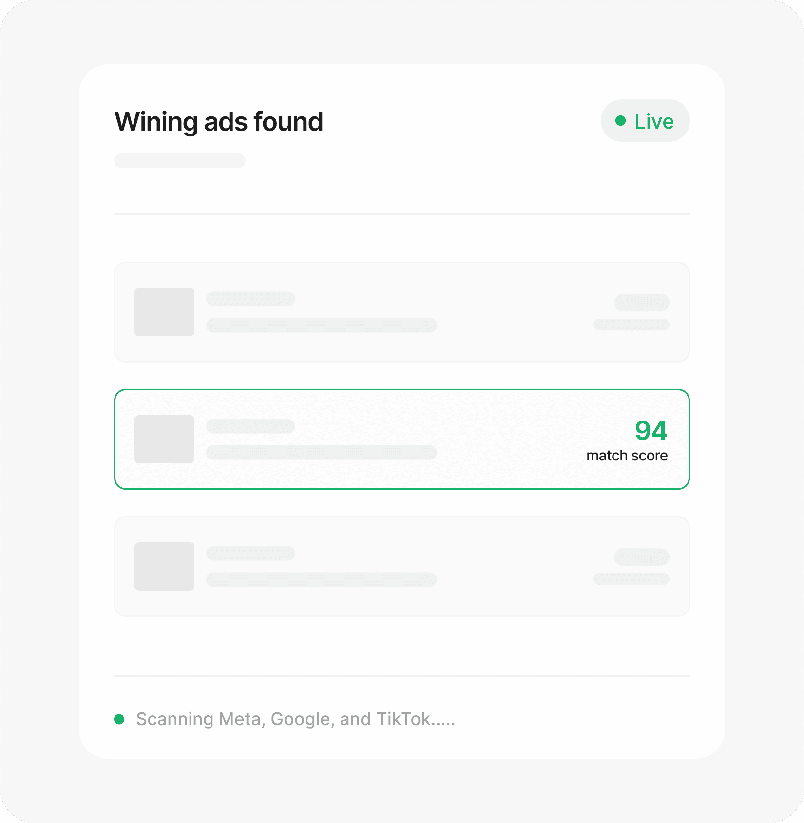 Offer Lab scanning Meta, Google, and TikTok for winning ads, with a 94 match score on the top result