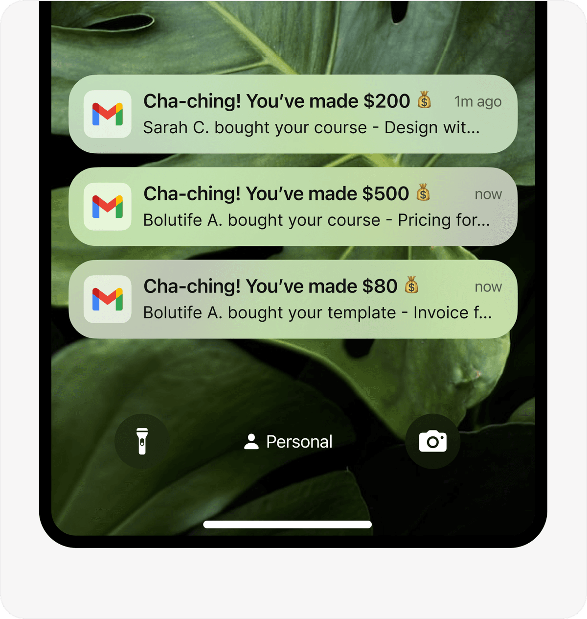 Phone preview stacking up “Cha-ching! You've made $200” sale notifications