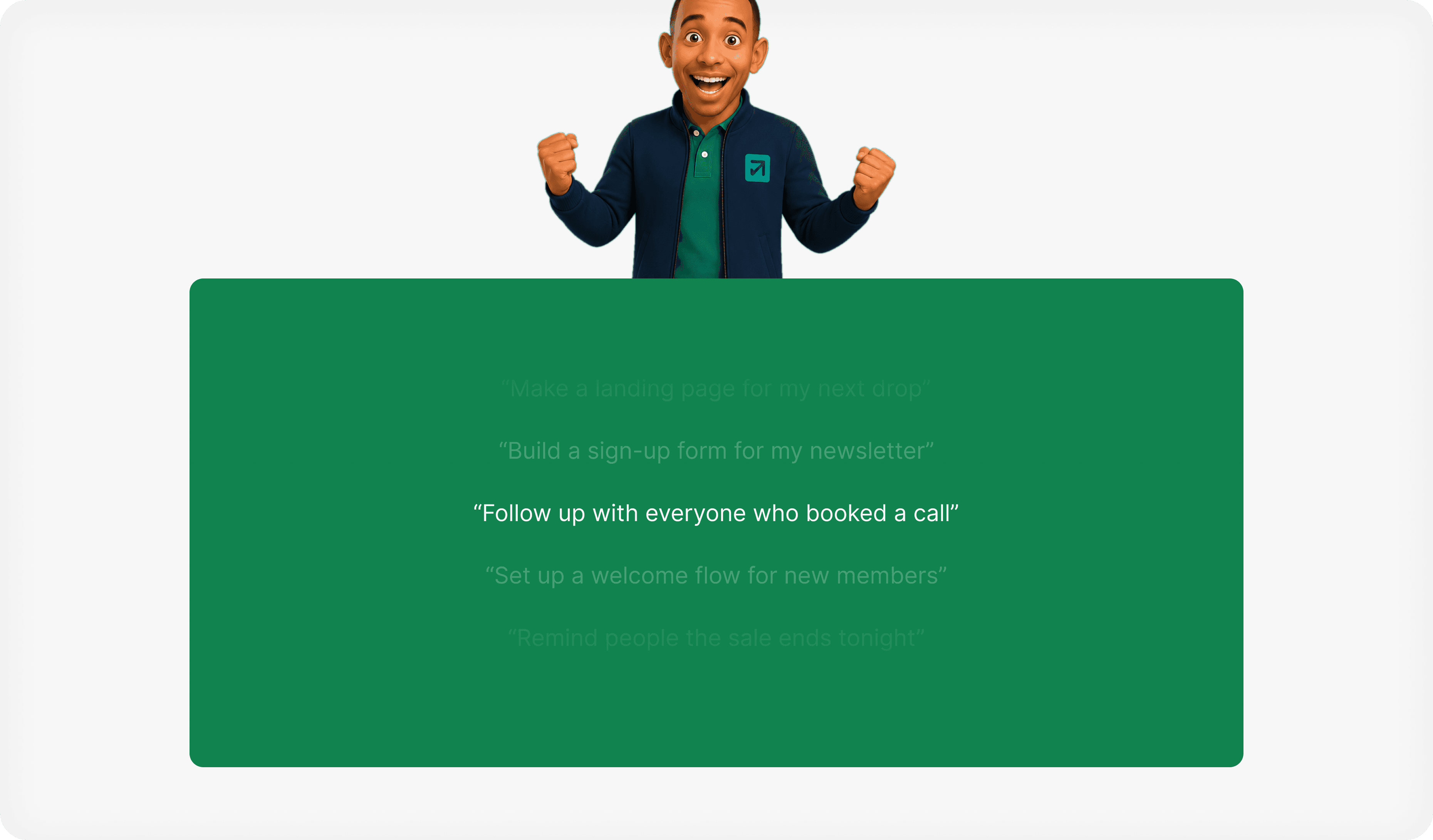 Sio celebrating, above a list of things you can tell it to do, like following up with everyone who booked a call