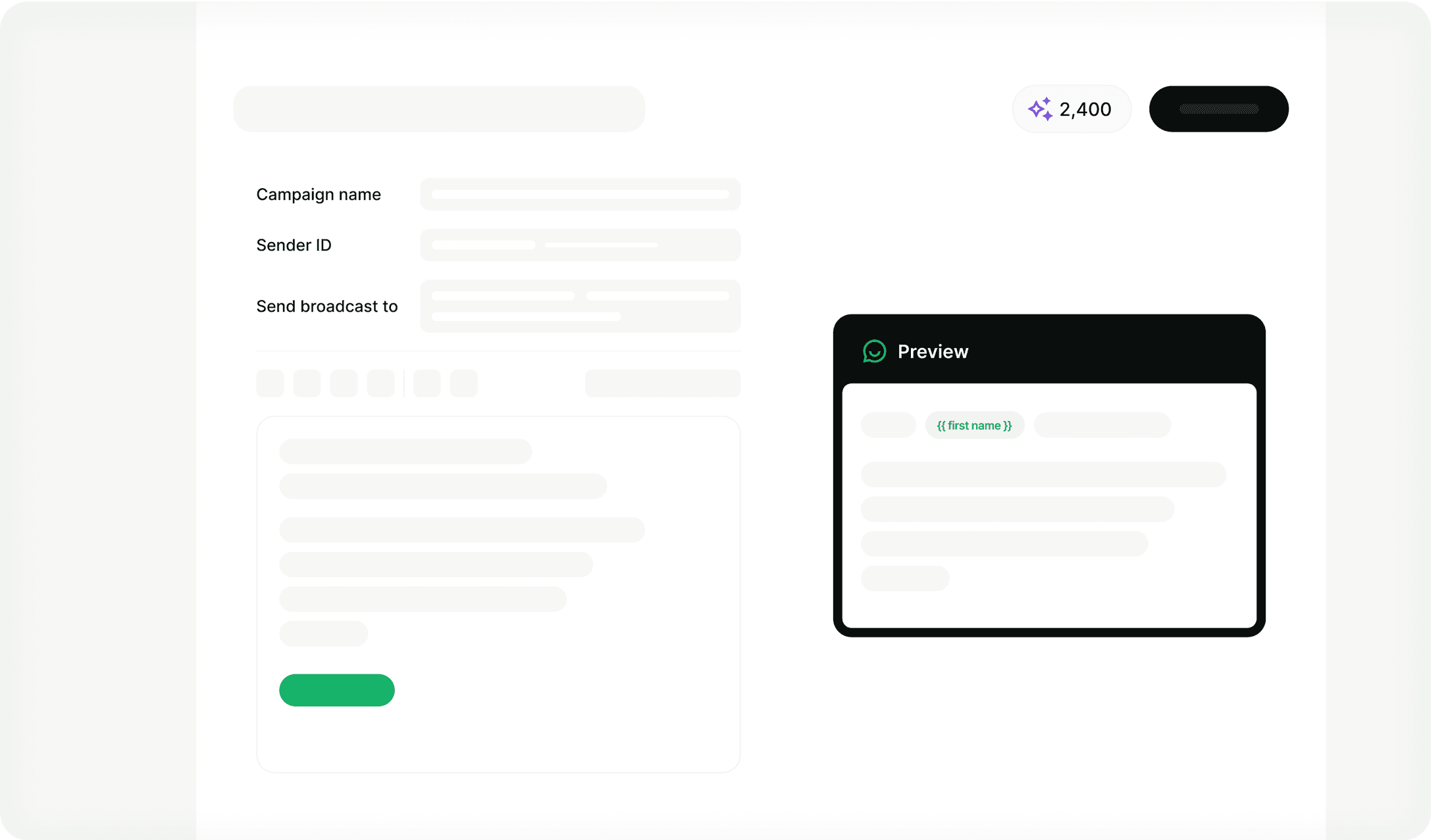 SMS campaign builder with a live phone preview of the personalized message