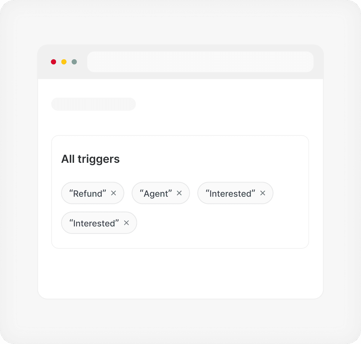 All triggers screen listing hand-off keywords like refund, agent, and interested